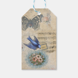 Oud Blauwe Bloem Vogel Collage Plakboek Cadeaulabel