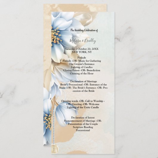 Oud blauwe bloemen ceremonieprogramma programmakaart (Voorkant / Achterkant)