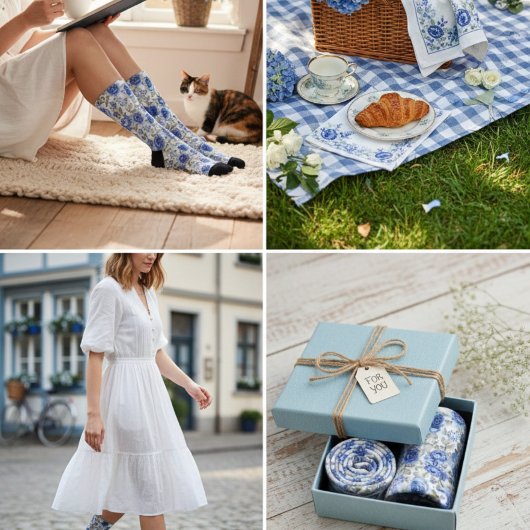 Oud Blauwe Bloemprint Lente Stijl Botanisch Sokken