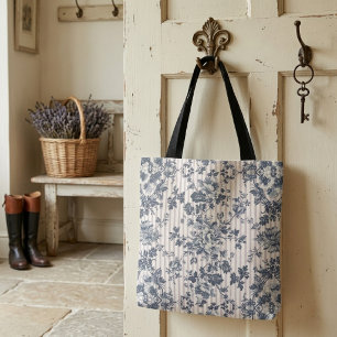 Oud Blauwe Chintz en Gestreept Patroon Tote Bag