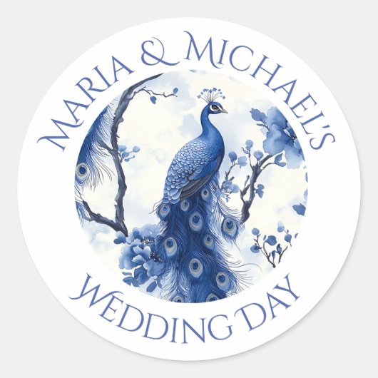 Oud Blauwe Franse Chinoiserie Waterverf Pauw Ronde Sticker (Voorkant)