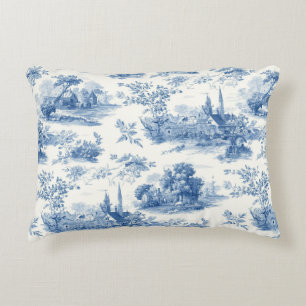 Oud blauwe Franse toile Jouy bloempatroon Accent Kussen