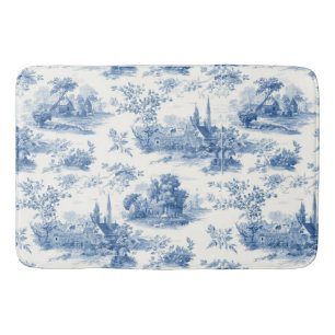 Oud blauwe Franse toile Jouy bloempatroon Badmat