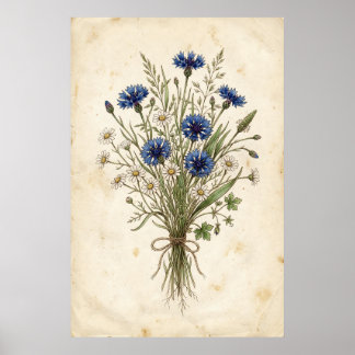 Oud Blauwe Korenbloem Boeket van Wilde Bloemen Poster