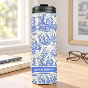 Oud blauwe toile de jouy bedrukt thermosbeker