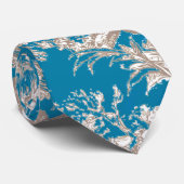 Oud blauwe turquoise toile de jouy monogram stropdas (Opgerold)