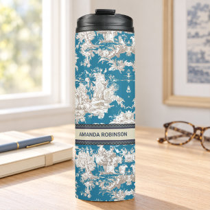 Oud blauwe turquoise toile de jouy monogram thermosbeker