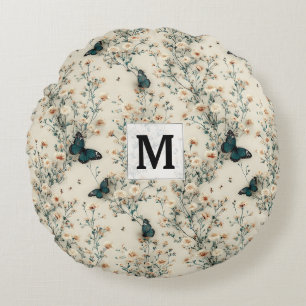 Oud Blauwe Vlinder Bloemrijke Monogram Rond Kussen