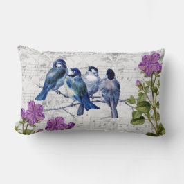Oud Blauwe Vogels Paarse Bloemen Grijze Bladmuziek Kussen