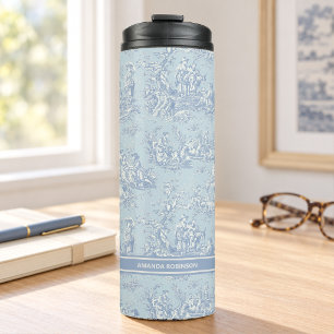 Oud blauwgrijs toile de jouy bedrukt thermosbeker
