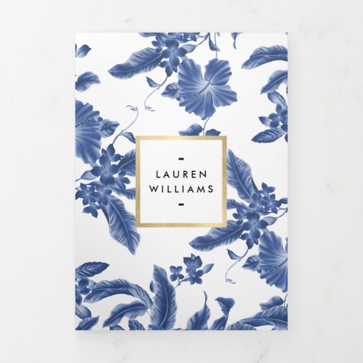 Oud blauwwit bloempatroon brochure drieluik kaart (Cover)