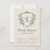 Oud bloemend wapenschild Crème & Marineblauw Monog RSVP Kaartje (Voorkant)