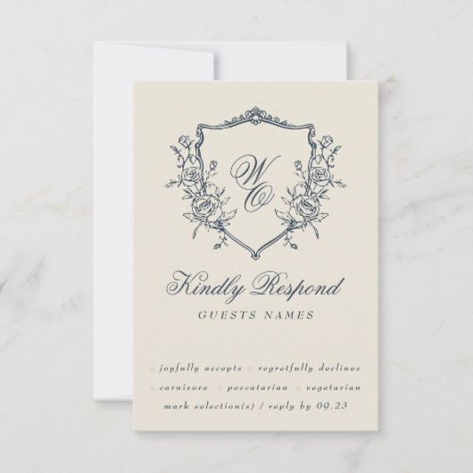 Oud bloemend wapenschild Crème & Marineblauw Monog RSVP Kaartje (Voorkant)