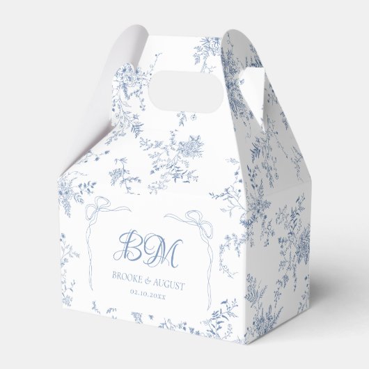 Oud-Bloemige Franse Blauwe Trouw Monogram Bedankdoosjes (Voorkant Zijde)