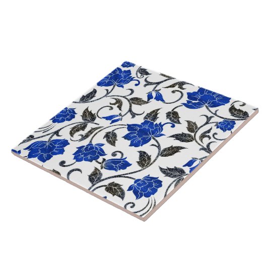 Oud bloempatroon in blauw en wit tegeltje (Zijkant)