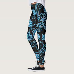 Oud bloempatroon zwart op blauw leggings
