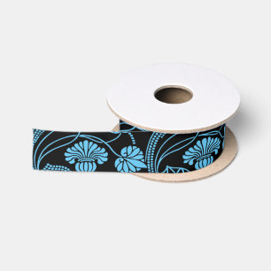 Oud bloempatroon zwart op blauw satijnen lint
