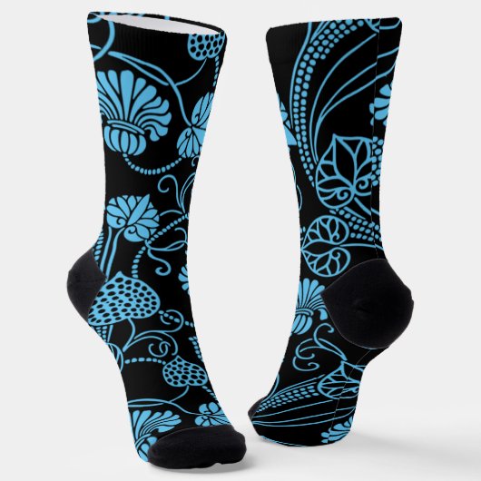 Oud bloempatroon zwart op blauw sokken (Gebogen)
