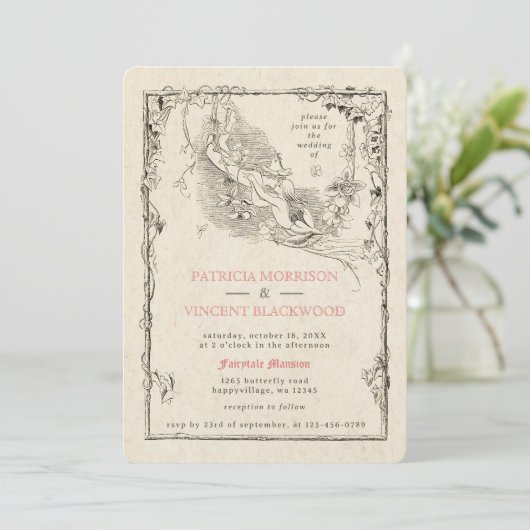 Oud boek sprookjesachtige huwelijksuitnodiging kaart (Staand voorkant)