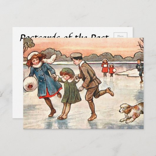 Oud Briefkaart - Kinderen schaatsen (Voorkant / Achterkant)