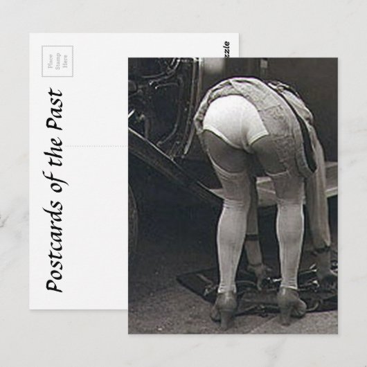 Oud Briefkaart - Meisje en haar auto (Voorkant / Achterkant)