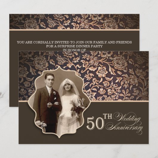 oud bruin elegant 50 jarig jubileum foto uitnodigi kaart (Voorkant / Achterkant)