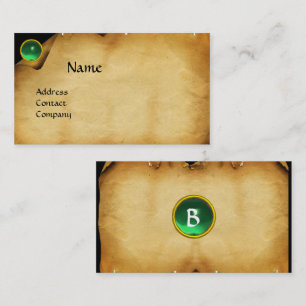 OUD BRUIN PERKAMENT, GROENE EDELSTEEN, MONOGRAM VISITEKAARTJE