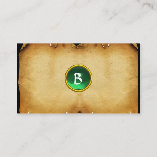 OUD BRUIN PERKAMENT, GROENE EDELSTEEN, MONOGRAM VISITEKAARTJE (Achterkant)
