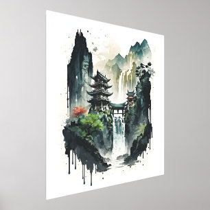 Oud Chinees inktlandschap met waterval Folie Afdrukken