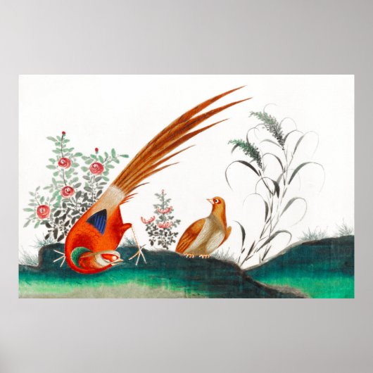 Oud chinese schilderij van twee vogels onder bloem poster (Voorkant)