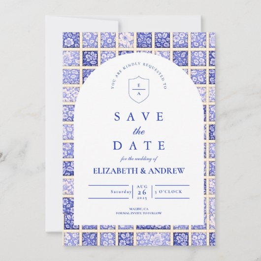 Oud Delfts Patchwork Bruiloft Save The Date (Voorkant)