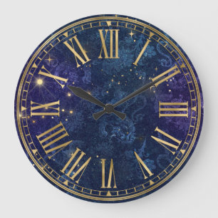 Oud donkerblauw patroon en gouden glitters grote klok