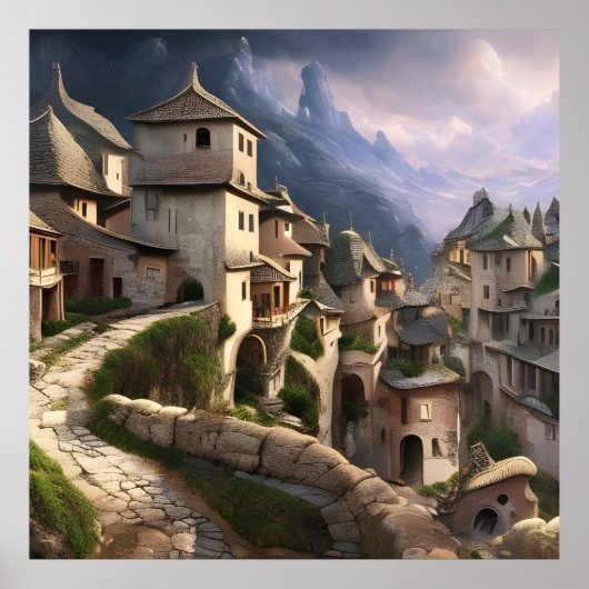 Oud dorp in de bergen, mooie steenweg poster (Voorkant)