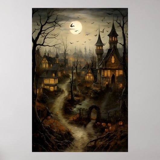 Oud dorp met pompoenen, Halloween-platteland Poster (Voorkant)