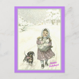 Oud Duits klein meisje, Dachshund, Katten, sneeuw Briefkaart