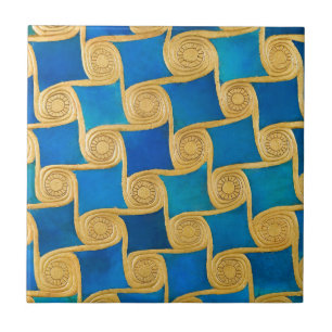 Oud Egyptisch Blauw Gouden Geometrisch Patroon Tegeltje