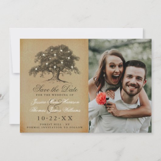  oud eiken boom foto bruiloft save the date (Voorkant)