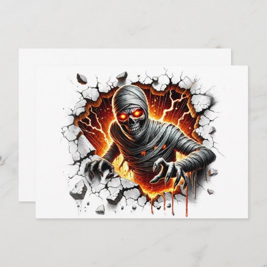 Oud en Griezelig Mummie Skelet Breekt Door Kaart (Voorkant / Achterkant)