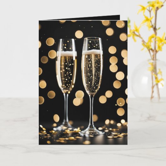 Oud en Nieuw Champagne Fluiten Kaart (Gele Bloem)