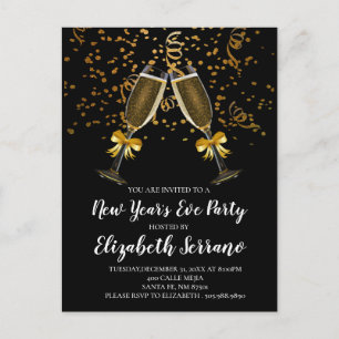 Oud en Nieuw-feest Champagne Glazen Goud Zwart Uitnodiging Briefkaart