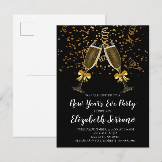 Oud en Nieuw-feest Champagne Glazen Goud Zwart Uitnodiging Briefkaart (Voorkant / Achterkant)