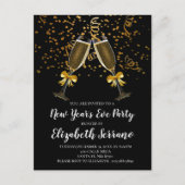 Oud en Nieuw-feest Champagne Glazen Goud Zwart Uitnodiging Briefkaart (Voorkant)