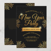 Oud en Nieuw Feest Gouden Sneeuwvlokken Uitnodigin Kaart (Voorkant / Achterkant)