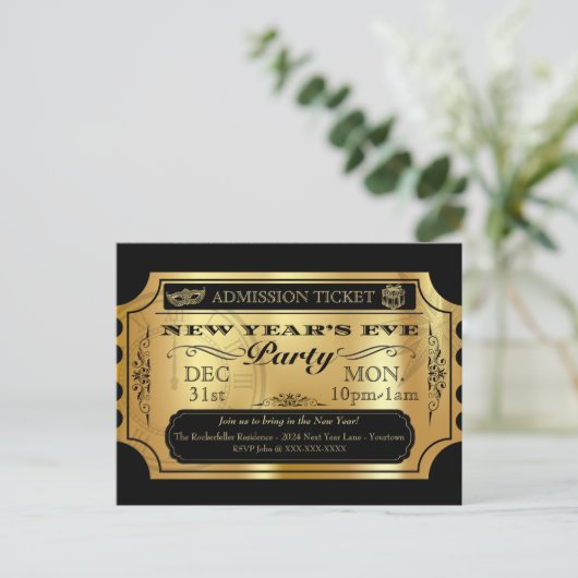 Oud en Nieuw Feest Gouden Ticket Uitnodigingen (Staand voorkant)
