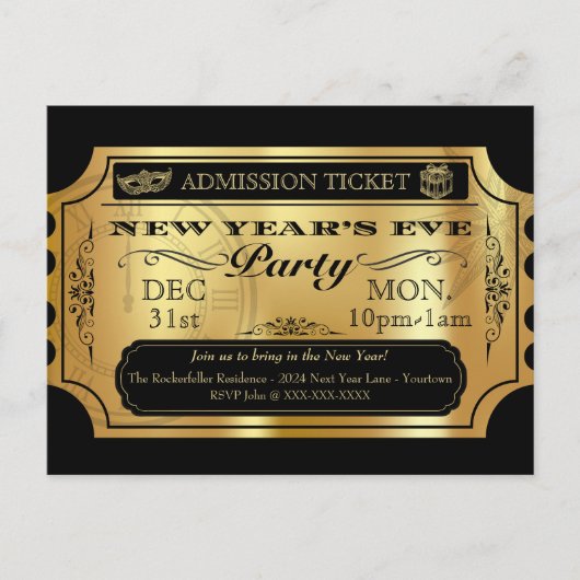 Oud en Nieuw Feest Gouden Ticket Uitnodigingen (Voorkant)