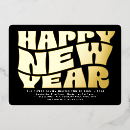 Oud en nieuw feest trendy retro zwart goud folie uitnodiging
