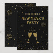 Oud en Nieuw Feest Uitnodiging | Zwart & Goud  (Voorkant / Achterkant)