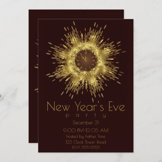 Oud en Nieuw Klok Gouden Glitter Burst Kaart (Voorkant / Achterkant)