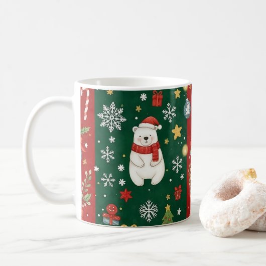 Oud en nieuw print, beer, kerstboom, vos, vogel, koffiemok (Met donut)