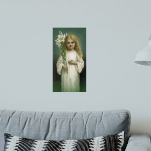Oud engelachtig meisje witte jurk lelie bloemen poster